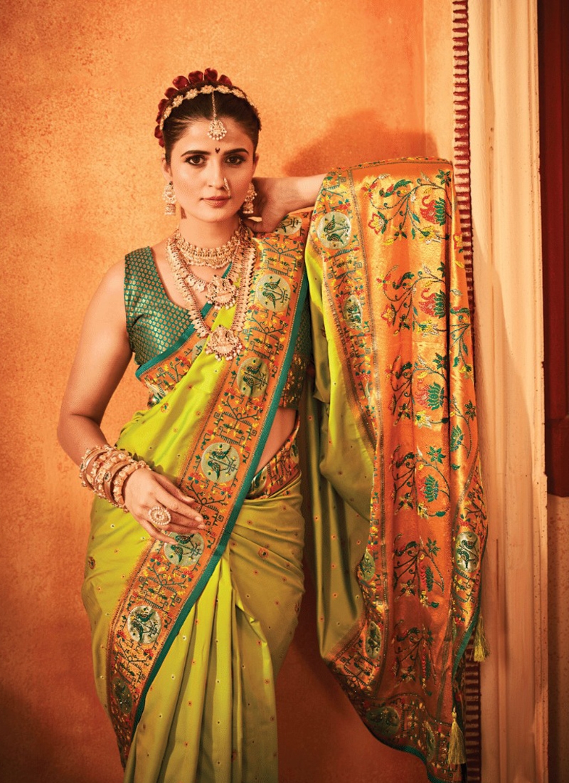 Banarasi silk saree with copper zari in Light Green