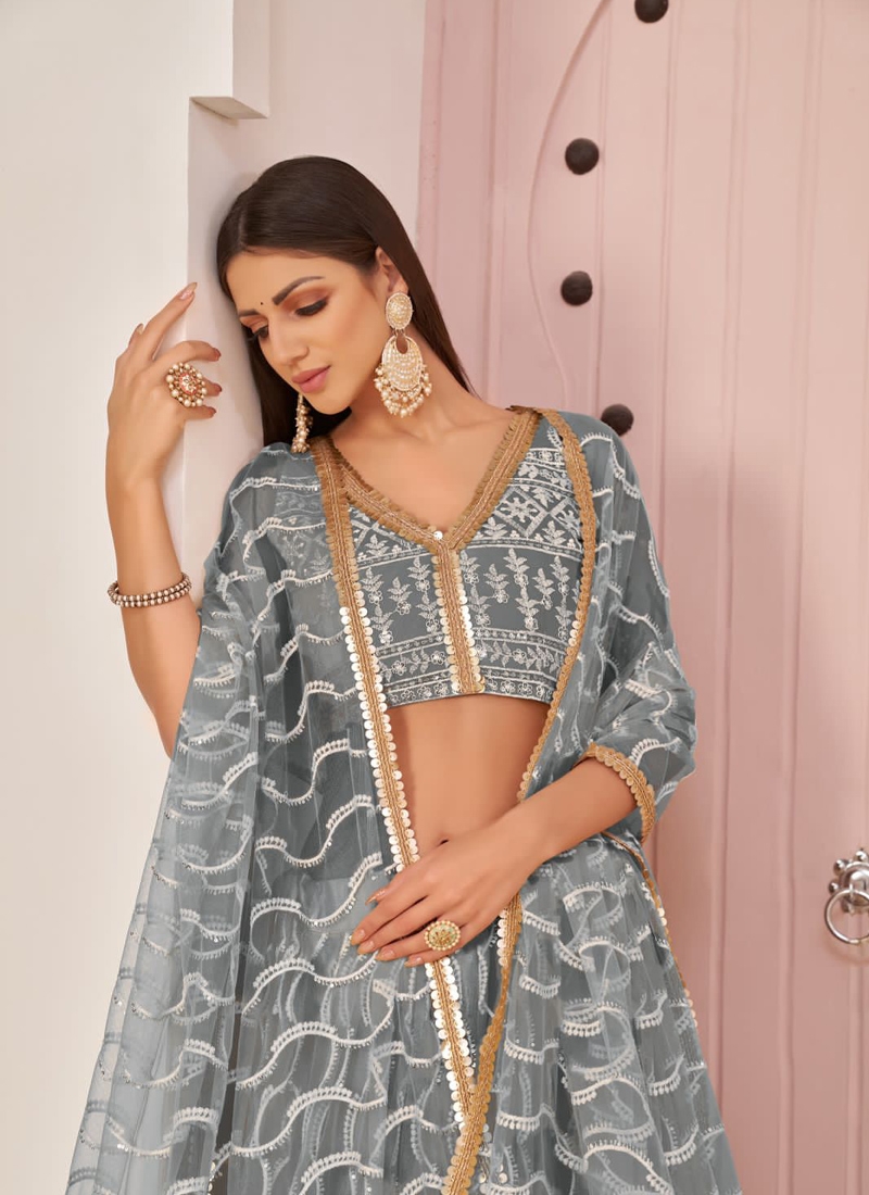 Designer butterfly net lehenga with floral embroidery in Grey