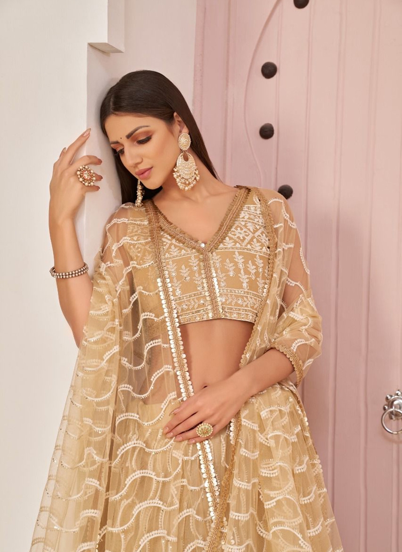 Designer butterfly net lehenga with floral embroidery in Beige