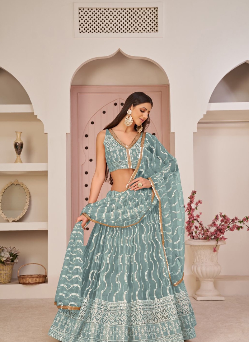 Designer butterfly net lehenga with floral embroidery in Ocean Blue