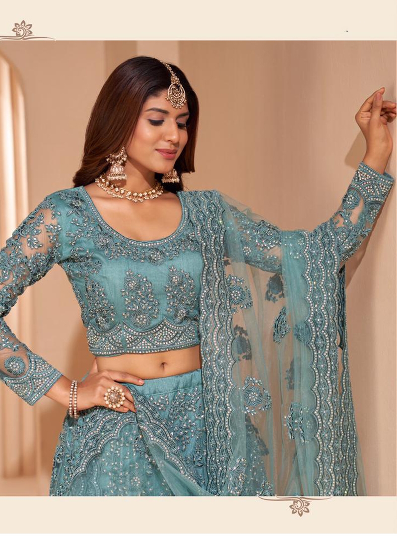 Sequins embroiderd acrylic net lehenga choli in sky blue