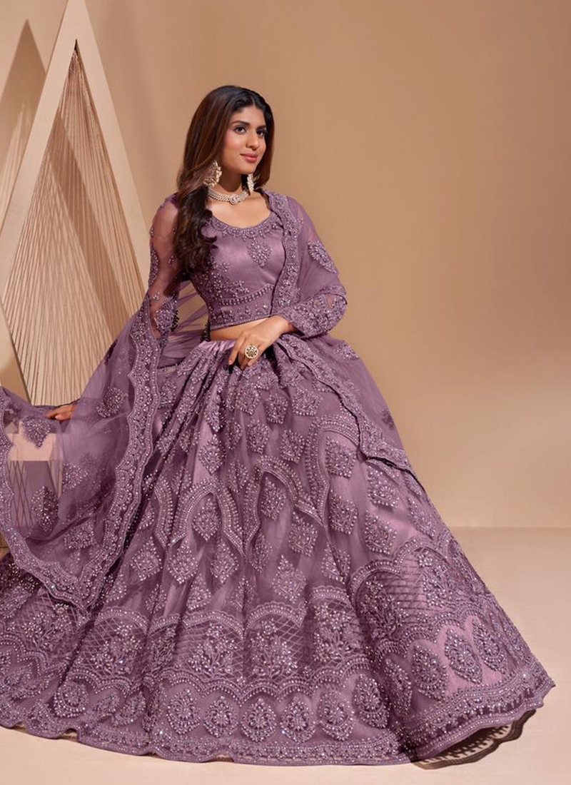 Sequins embroiderd acrylic net lehenga choli in light Purple