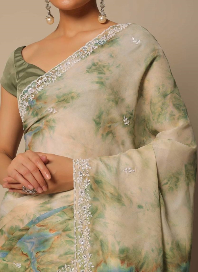 Georgette digital printed saree with fancy cut border in green