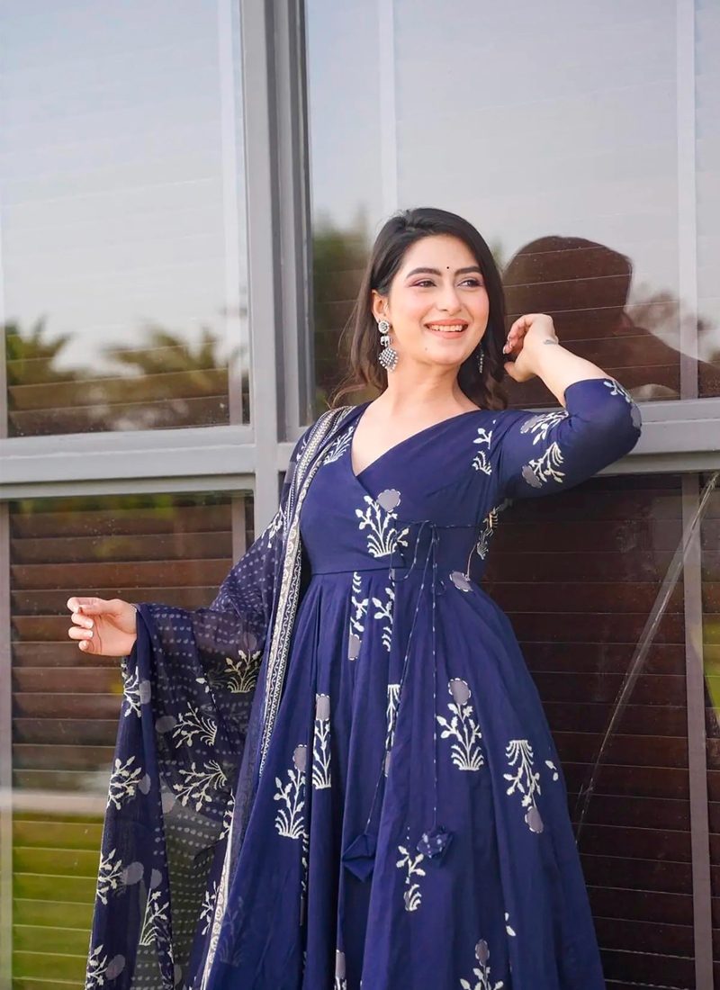 Pure muslin anarkali suit with heavy digital prints in blue