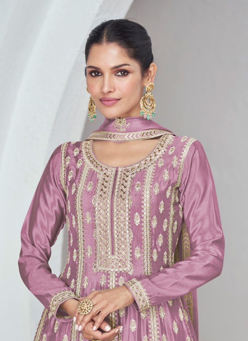 Trendy kurta palazzo set with pearl embroidery in lavender