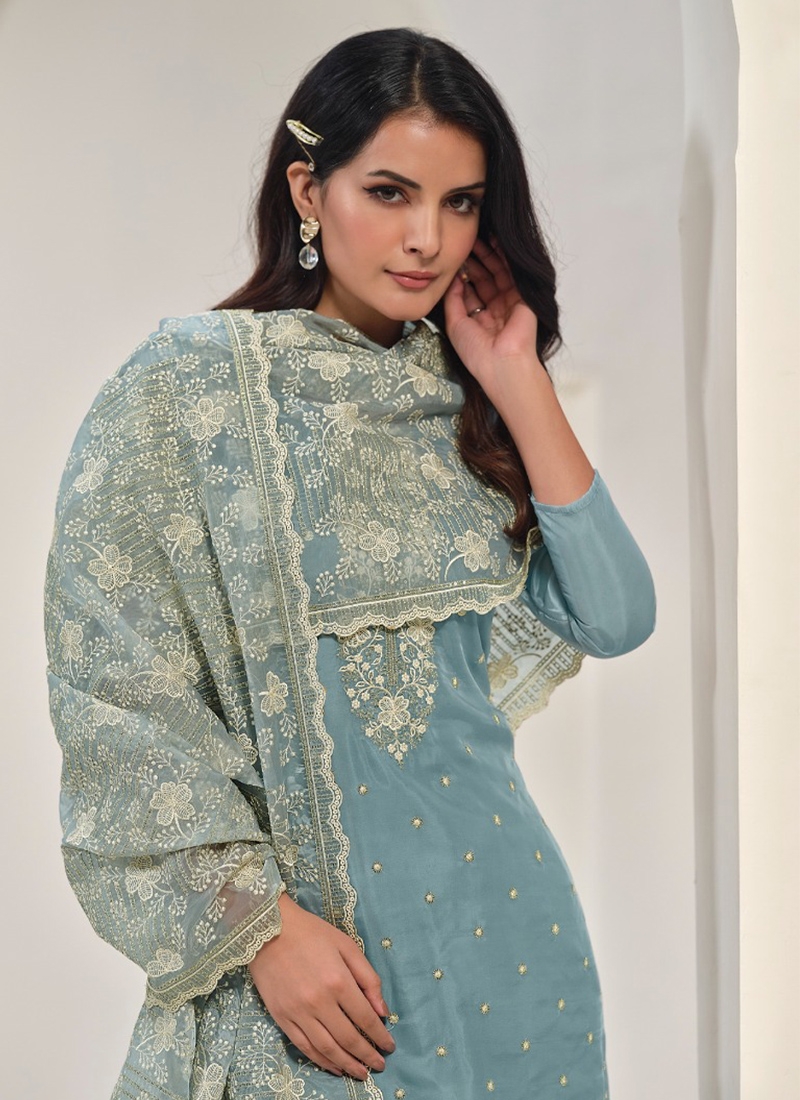 Gorgeous pant suit set with heavy embroidery in light blue