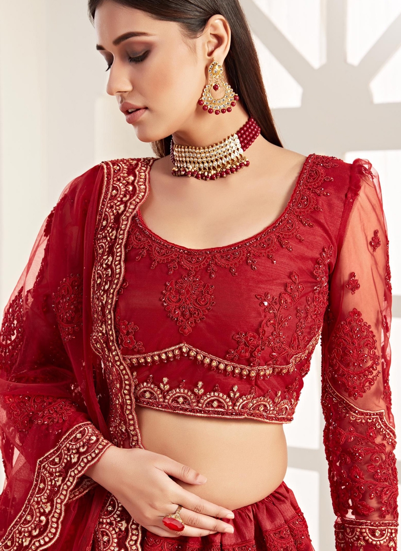 Georgeous faux georgette lehenga with multi thread work in red