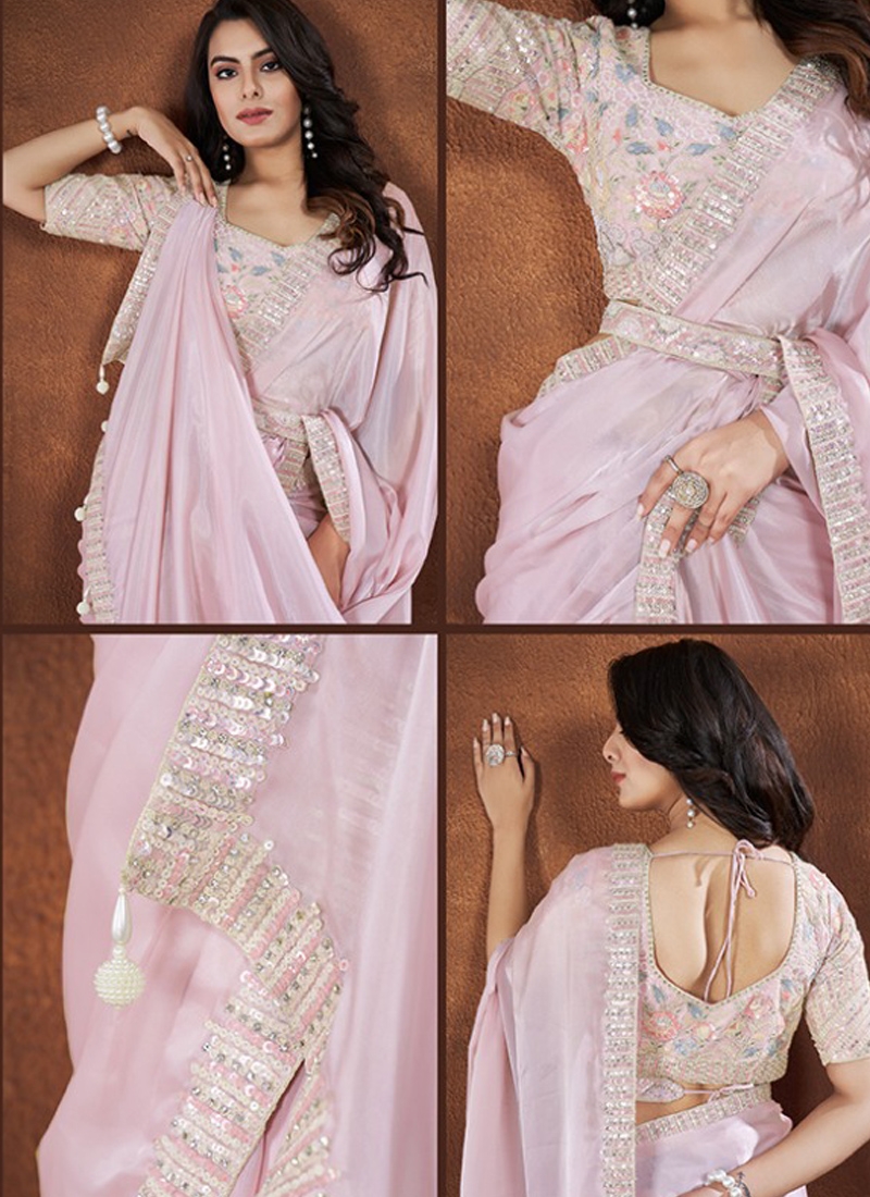 Stunning thread and sequins embroidered banarasi silk saree in baby pink