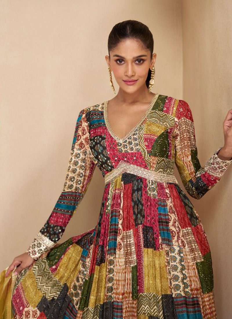 Trendy georgette anarkali kurta set with heavy embroidery in multi color