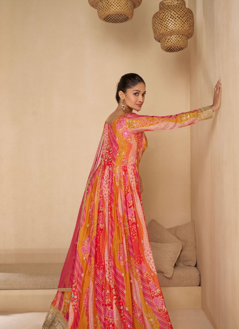 Trendy georgette anarkali kurta set with heavy embroidery in pink