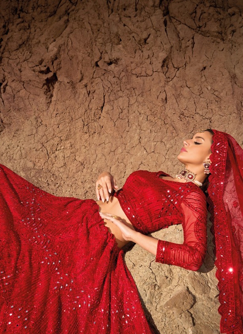 Amazing sequin net lehenga with mirror wok in red