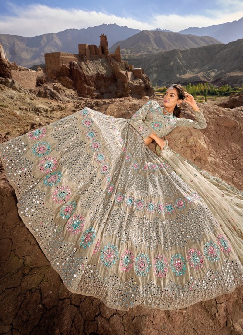 Amazing sequin net lehenga with mirror wok in grey