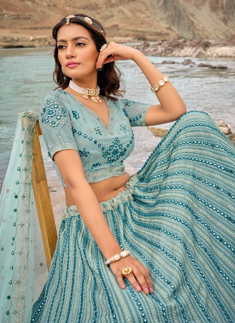 Amazing sequin net lehenga with mirror wok in sky blue