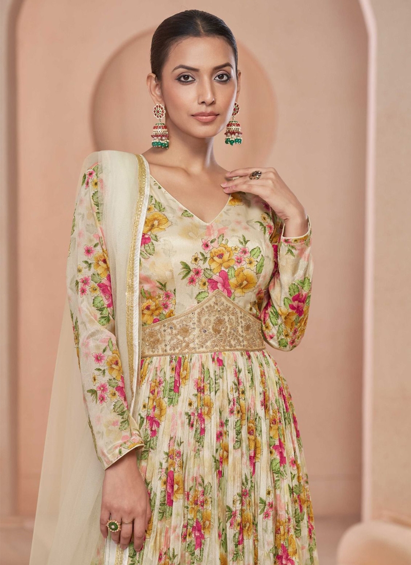 New floral digital printed anarkali suit set in off white