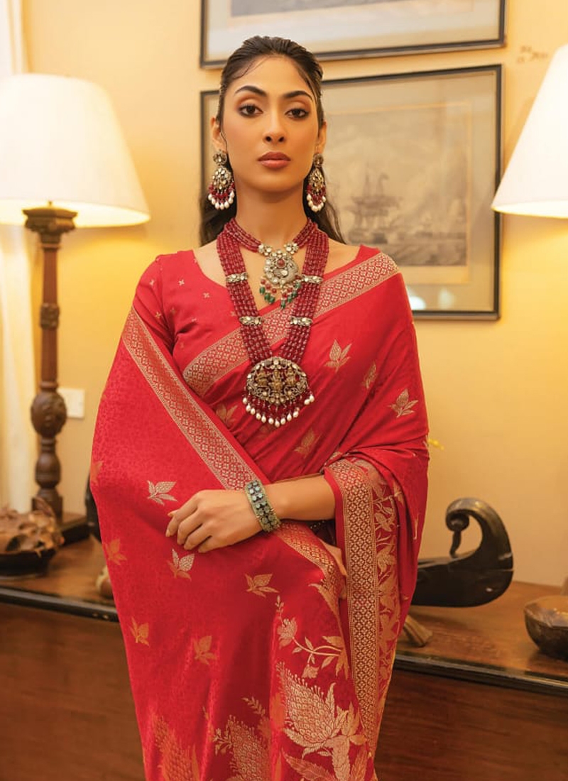 Trendy satin silk saree with hand weaving in red