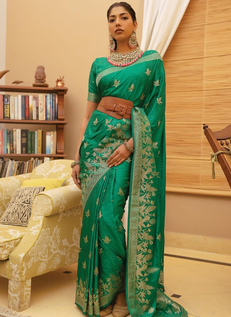 Trendy satin silk saree with hand weaving in green