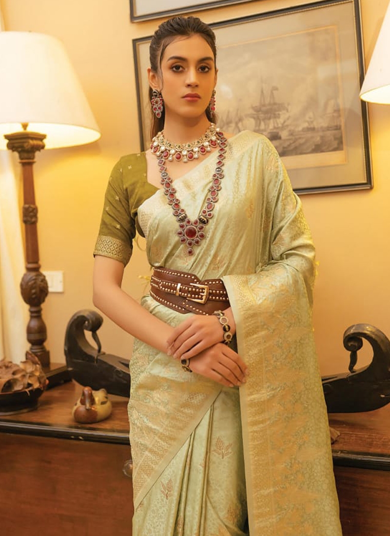 Trendy satin silk saree with hand weaving in pastel green