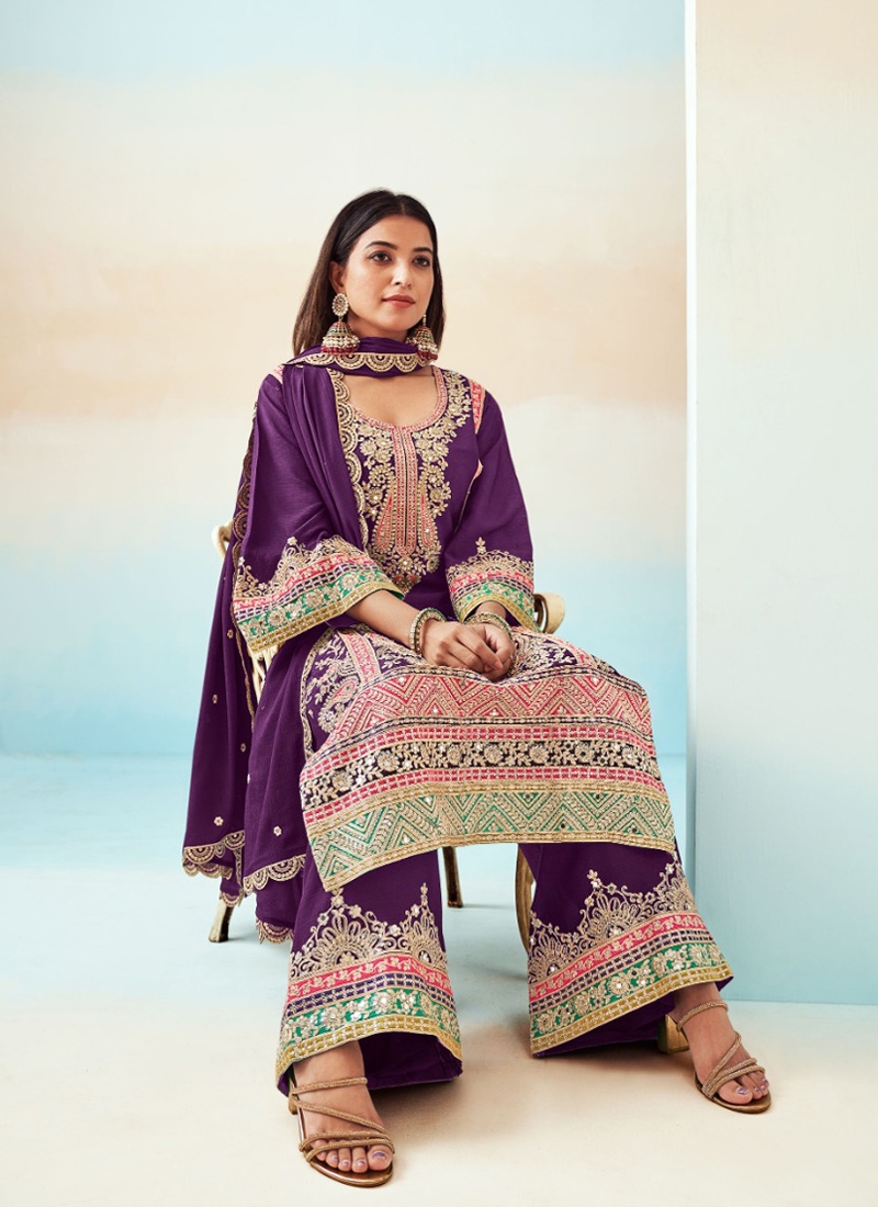 Modern Chinon palazzo set with heavy embroidery in purple