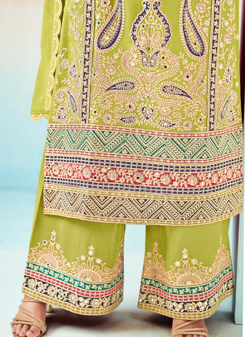 Modern Chinon palazzo set with heavy embroidery in parrot green