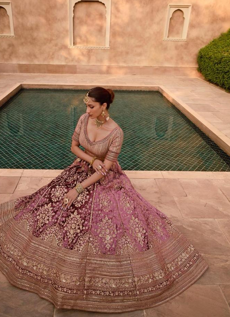 Pure viscose silk lehenga with crystal work in pink