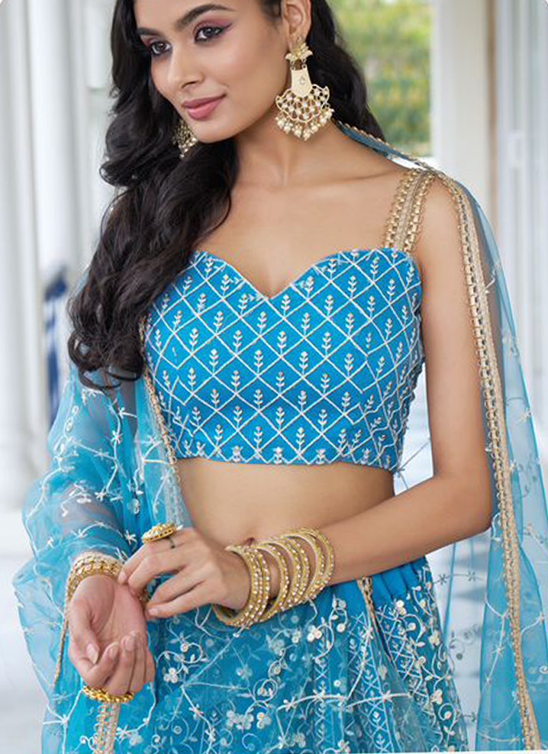 New butterfly net lehenga with heavy thread embroidery in sky blue