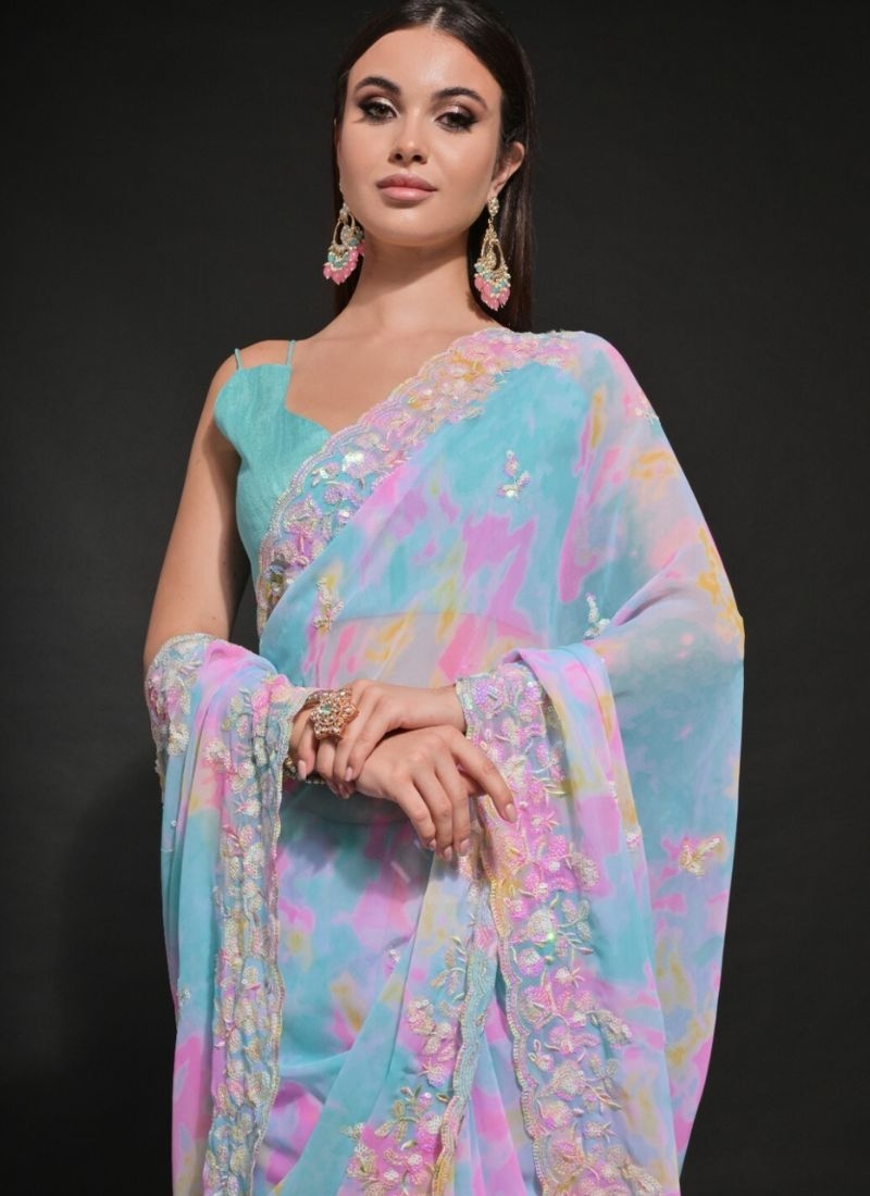 Soft georgette saree with prizam print in sky blue