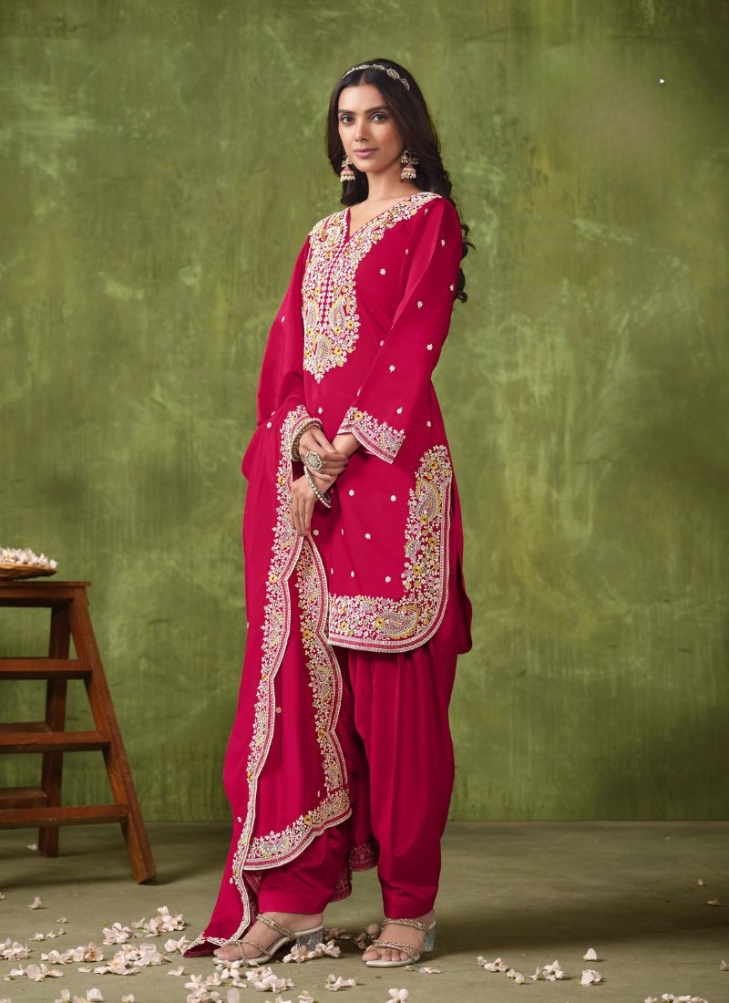 New patiala style chanderi silk salwar suit in red