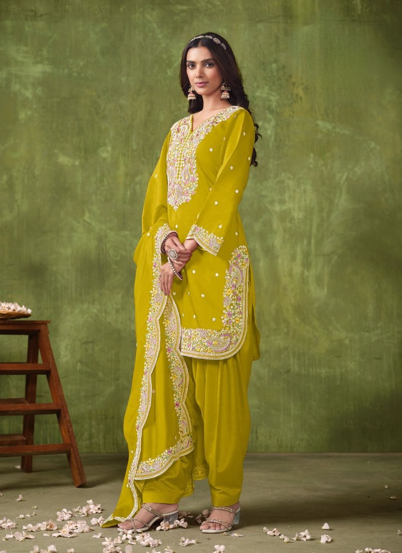 New patiala style chanderi silk salwar suit in Yellow