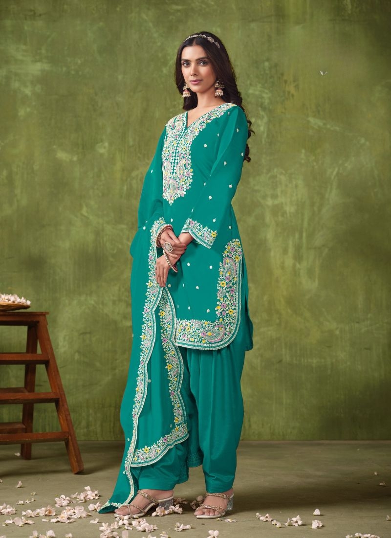 New patiala style chanderi silk salwar suit in green