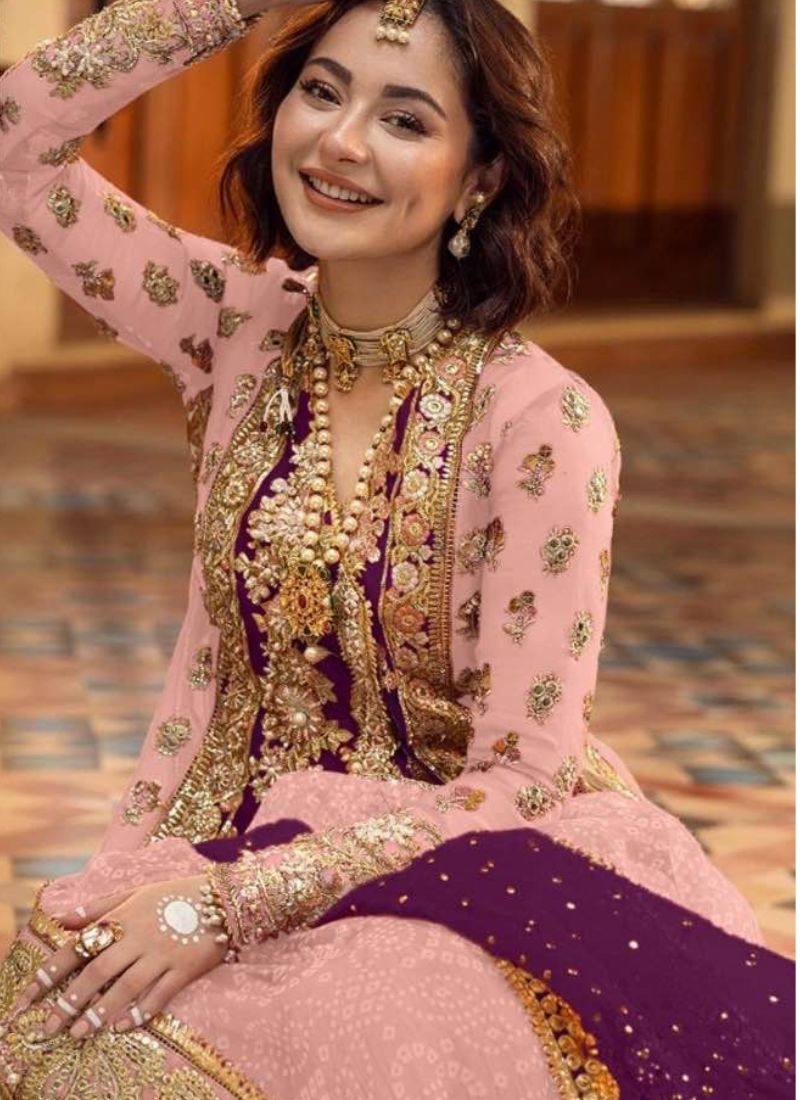 Exquisite georgette plazzo suit with pearl embroidery baby pink