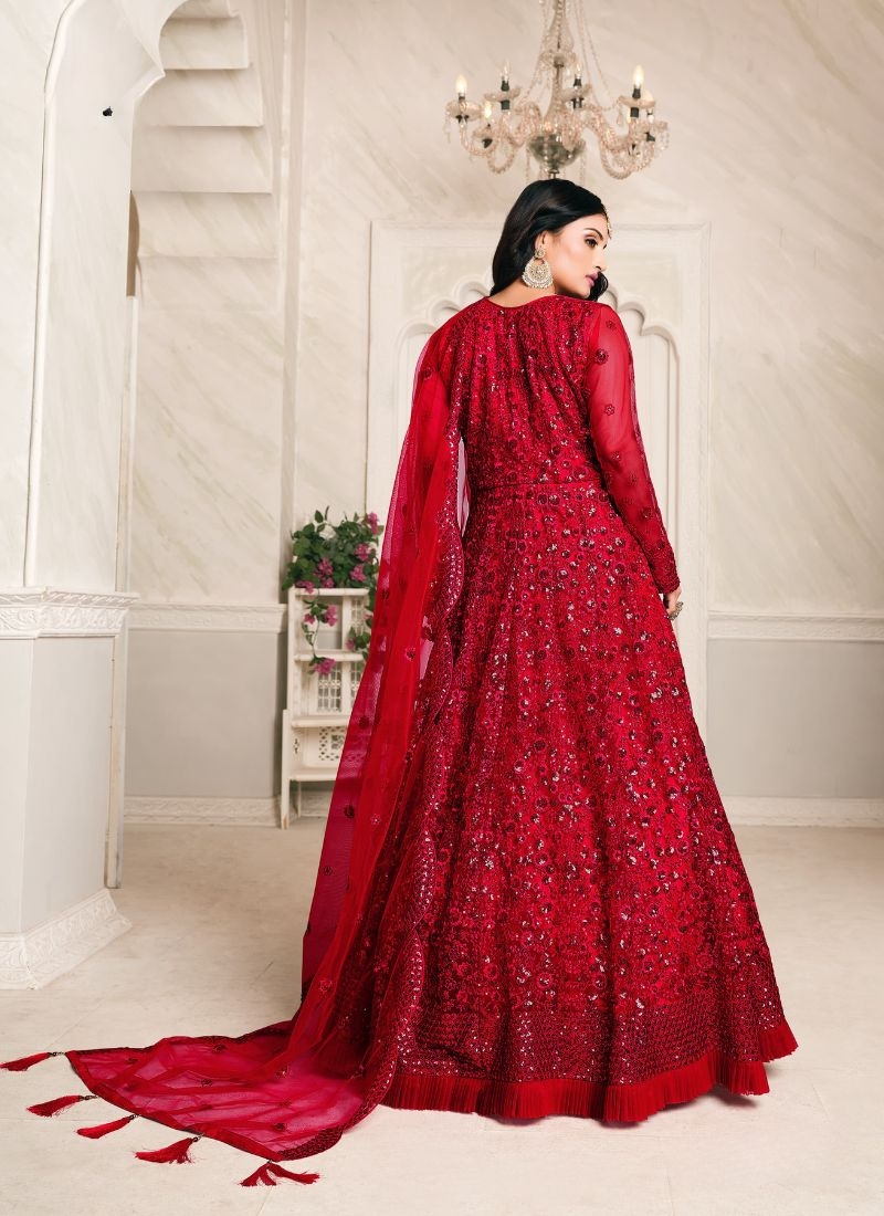 Classic net embroidered gown with dupatta in red