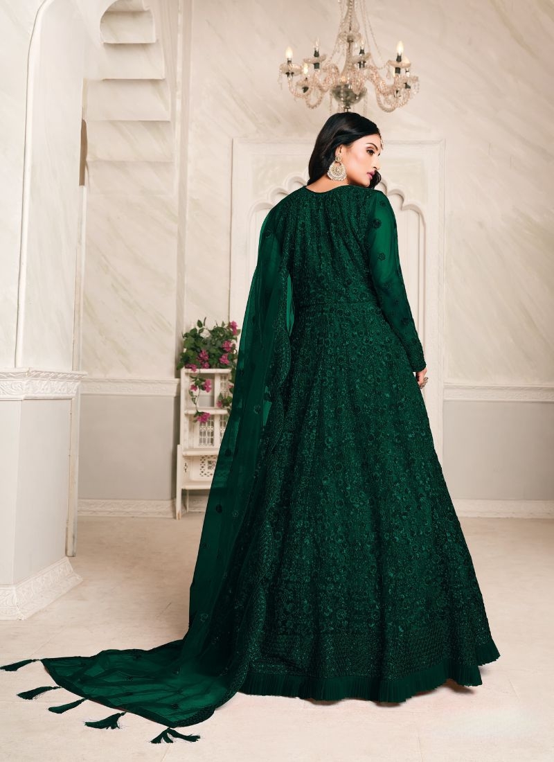 Classic net embroidered gown with dupatta in dark Green