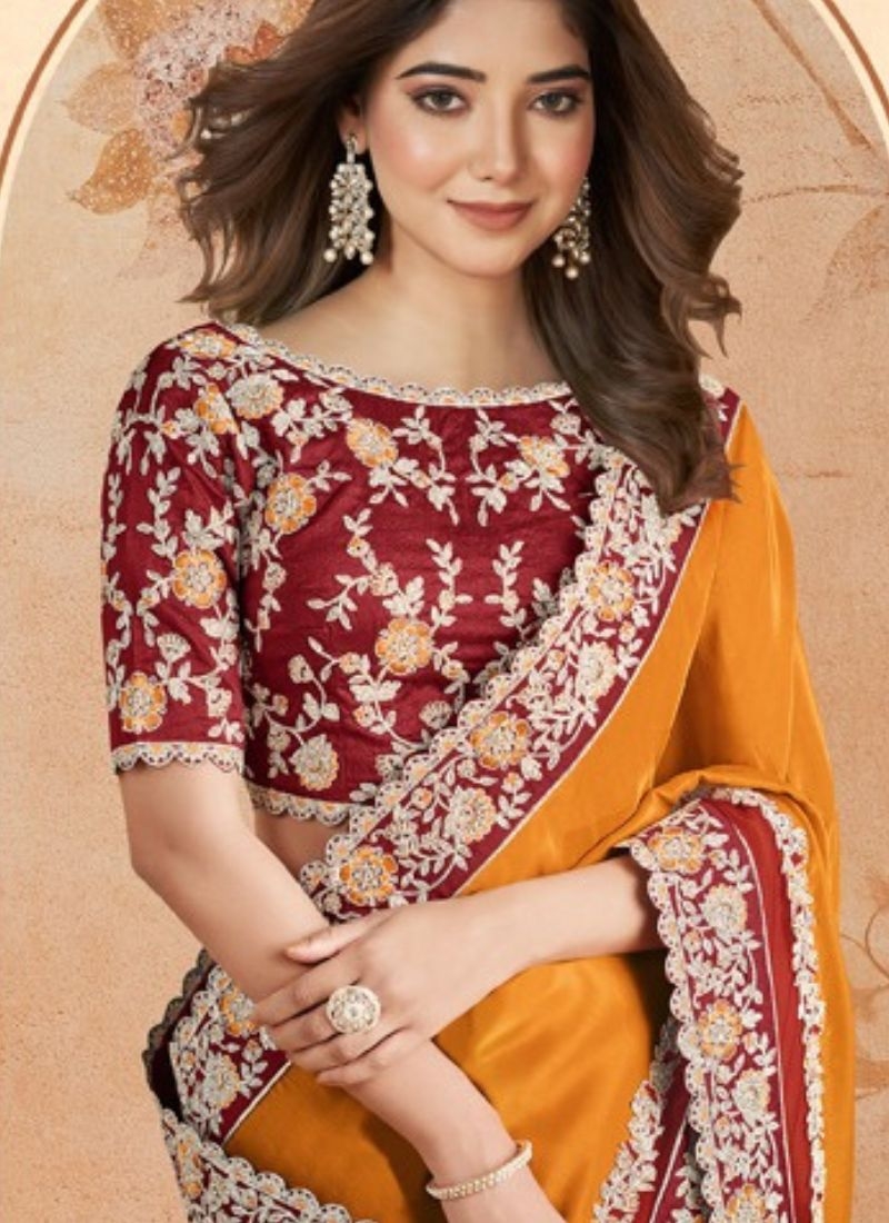 Beautiful silk georgette saree with floral embroidered in orange