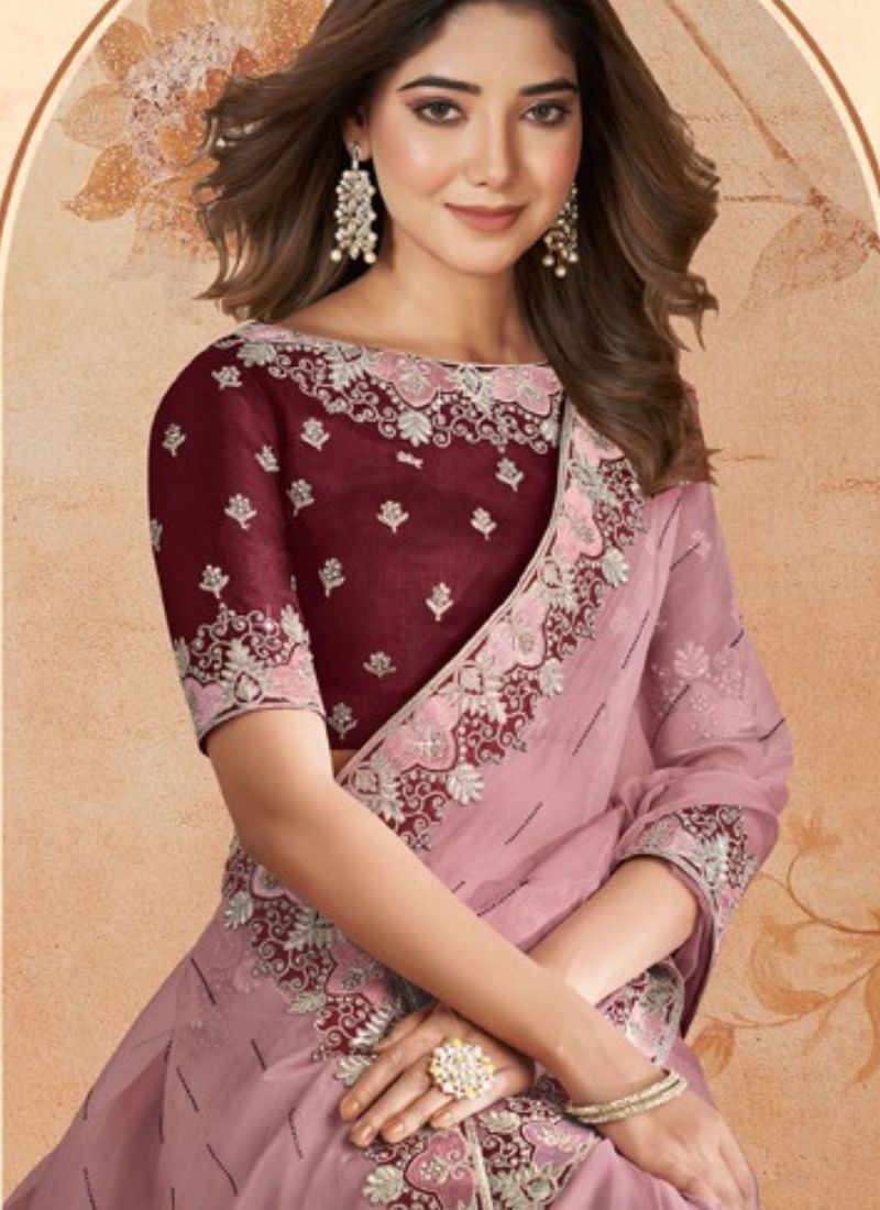 Beautiful organza silk saree with heavy printed embroidery in dusky rose