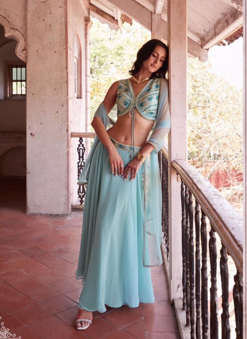 Designer georgette lehenga with hand embellishment blue