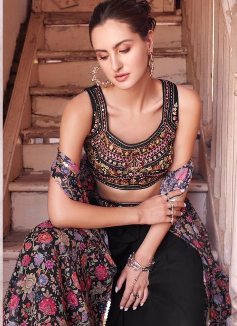 Designer georgette sharara and choli with hand embellishment in black