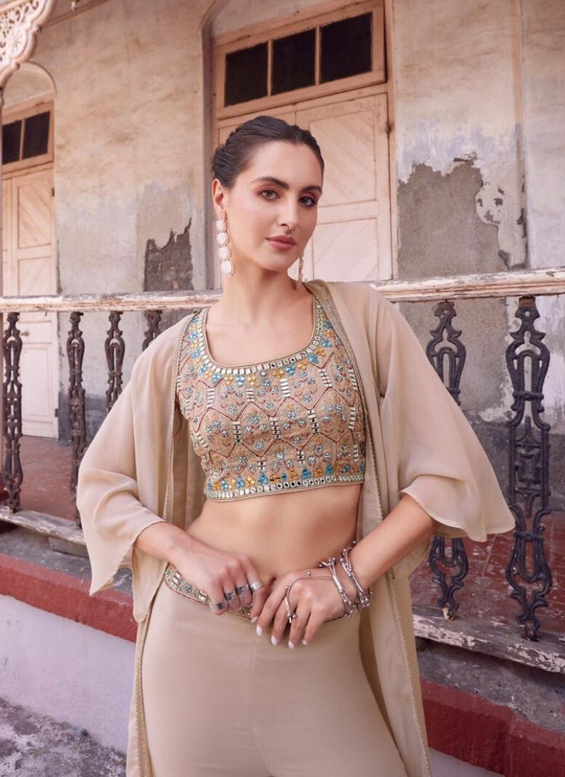 Designer georgette sharara and choli with hand embellishment in beige
