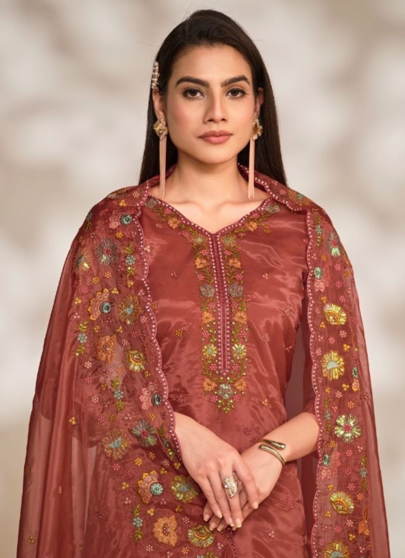 Floral Embroidered Lace Detail Kurta With Trouser & Dupatta in brown