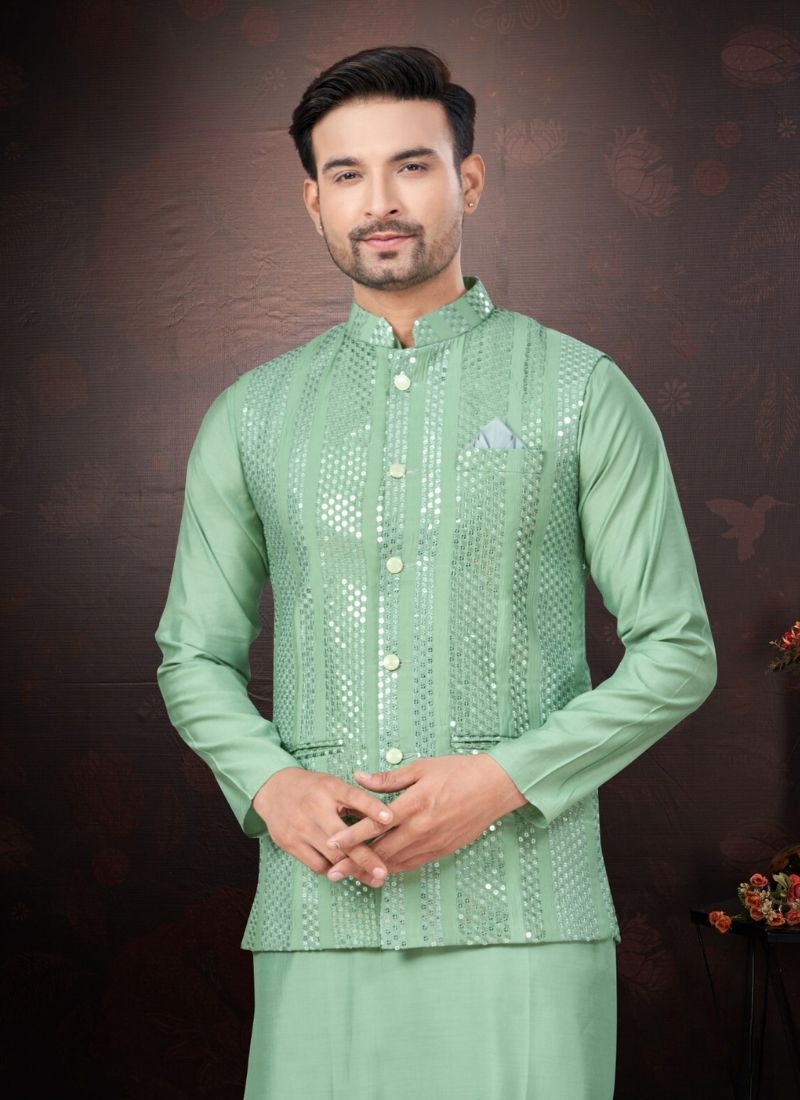 Pure silk kurta pajamas with embroidered jacket in light green