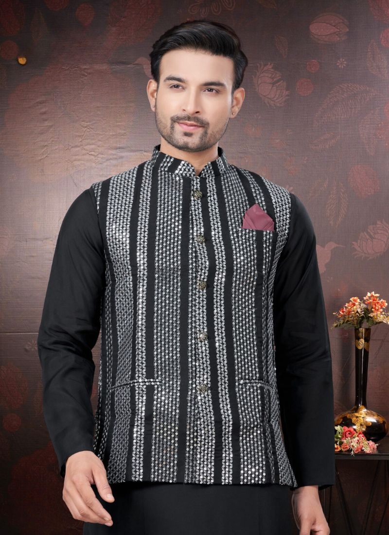 Pure silk kurta pajamas with embroidered jacket in black