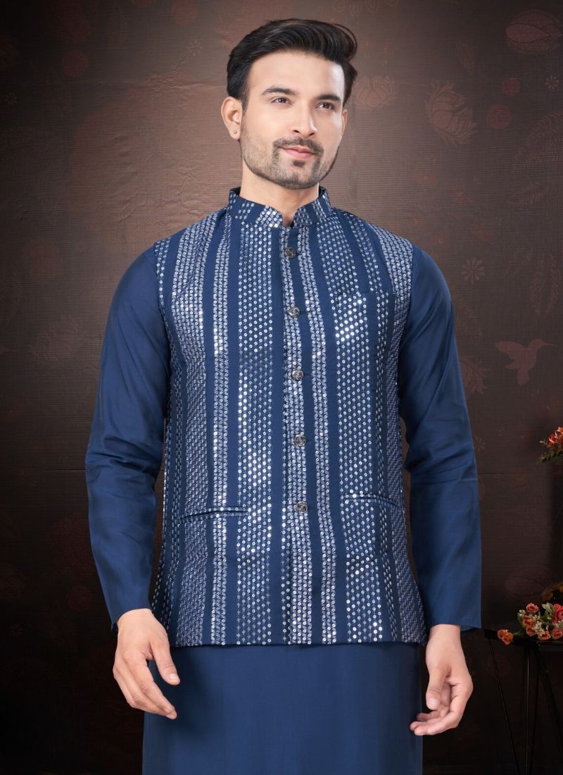 Pure silk kurta pajamas with embroidered jacket in dark blue