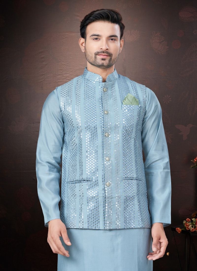 Pure silk kurta pajamas with embroidered jacket in blue