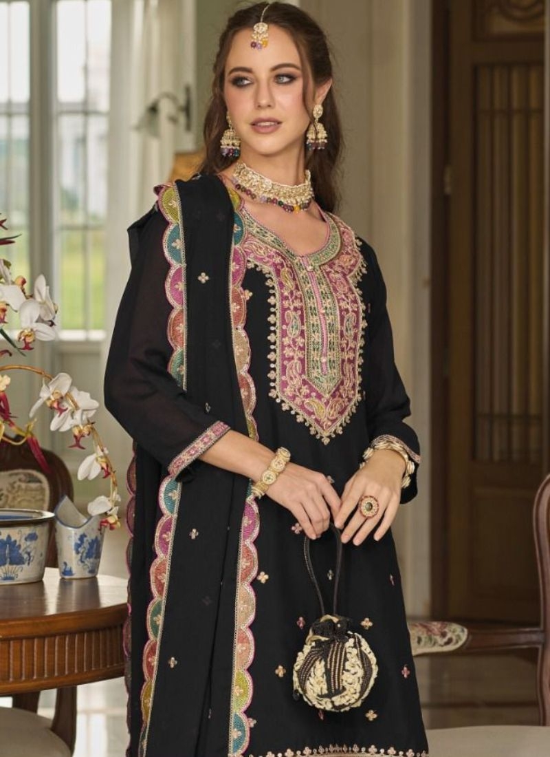 Beautiful palazzo suit with heavy floral embroidery in black