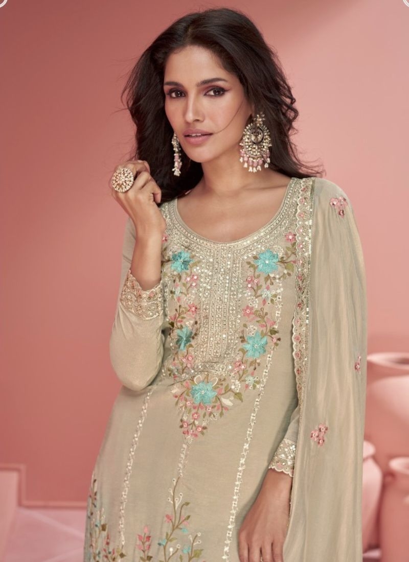 Exquisite heavy embroidered palazzo suit in beige