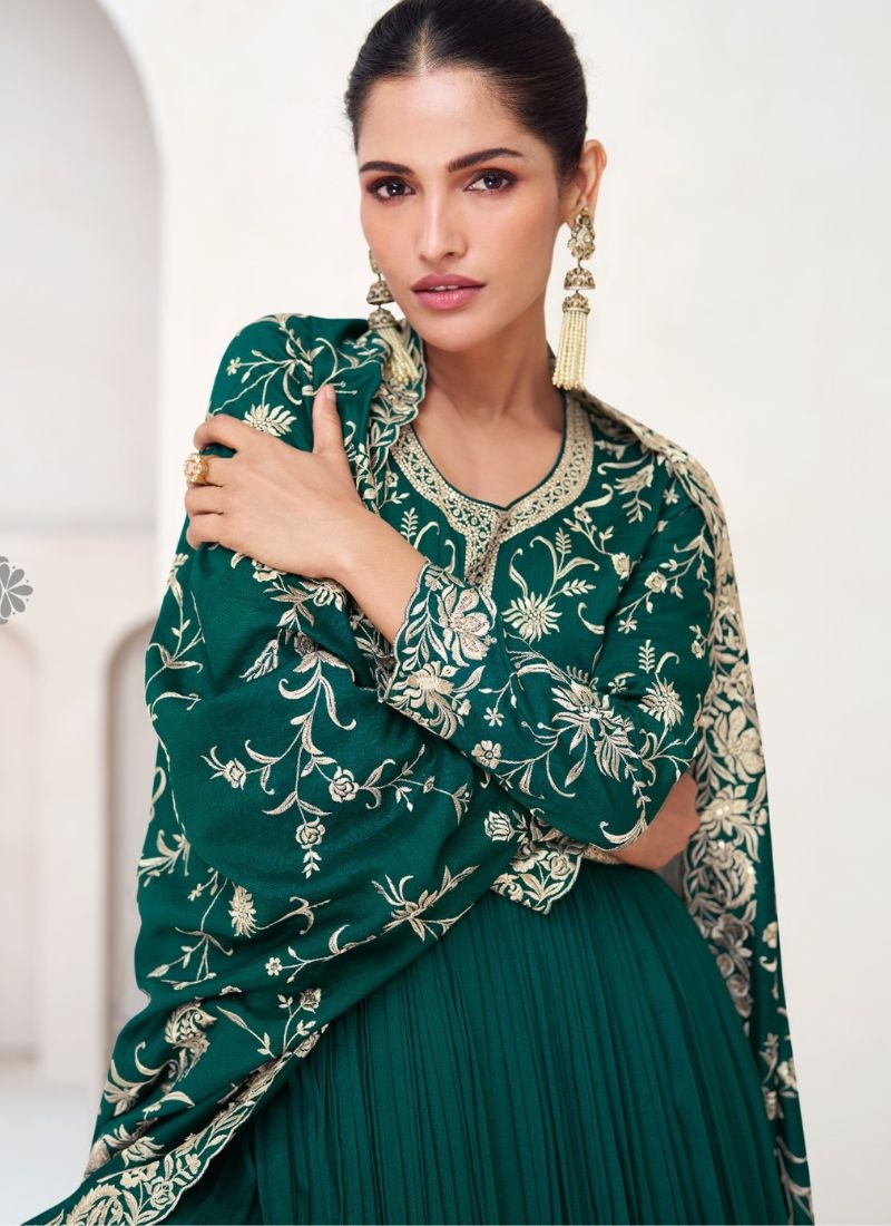 Stunning silk embroidered gown with printed dupatta in green