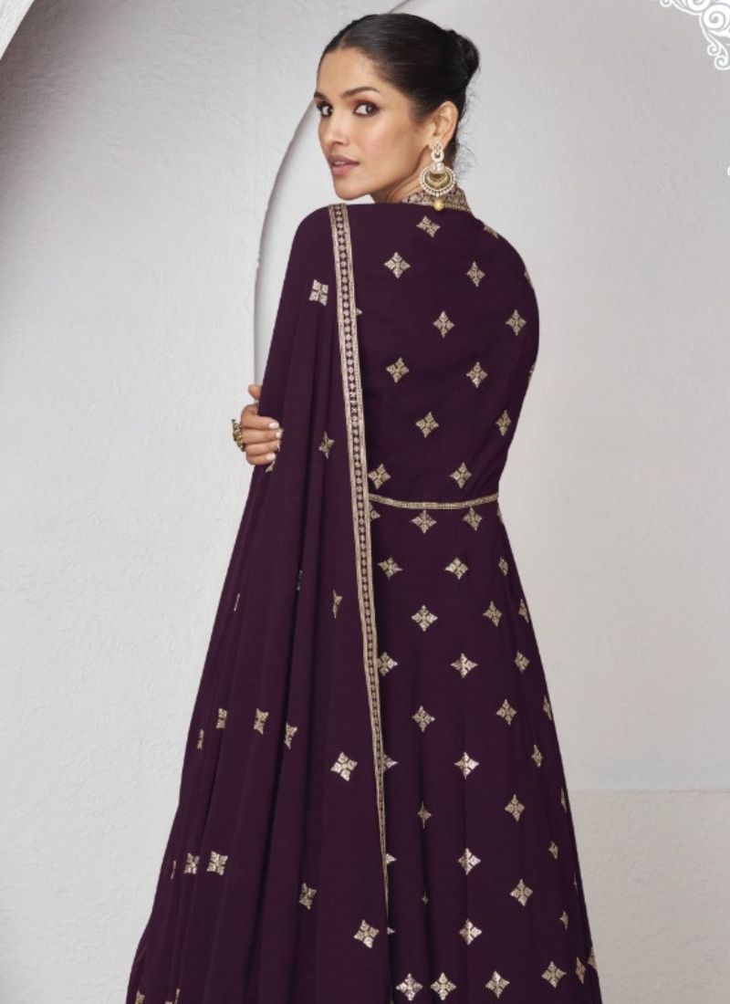 Premium georgette anarkali suit with thread embroidery in wine