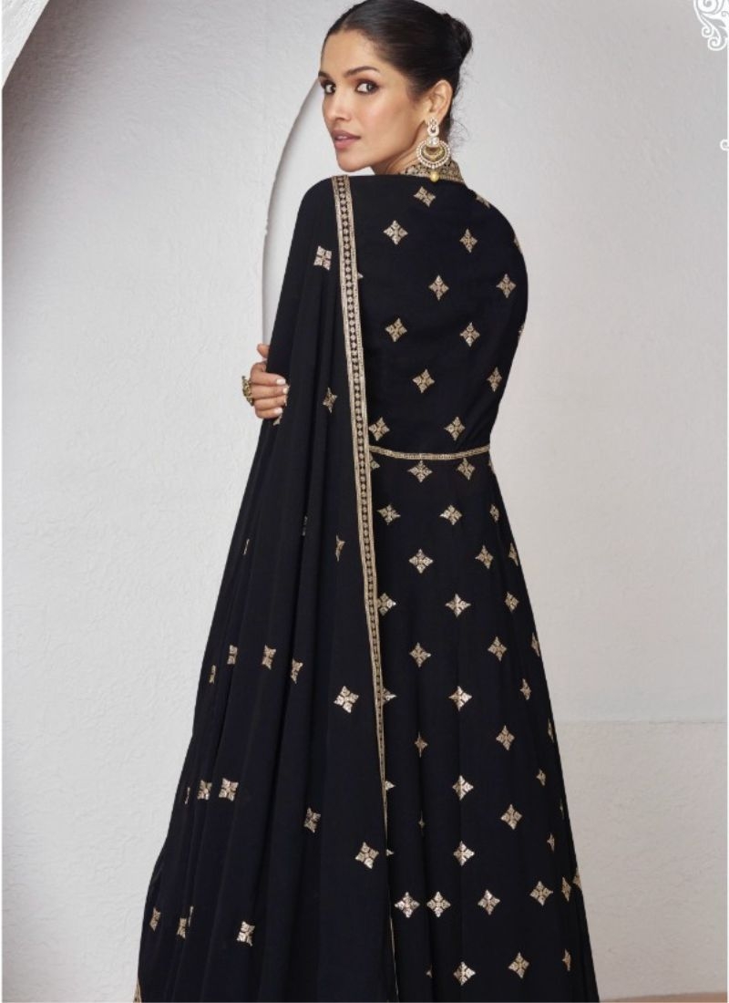 Premium georgette anarkali suit with thread embroidery in black