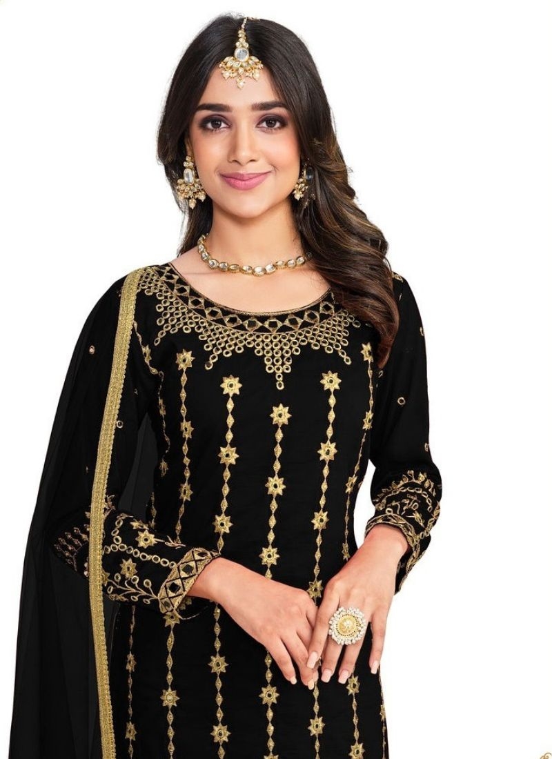 Beautiful italian soft silk kurta pant set with mirror embroidery work in black