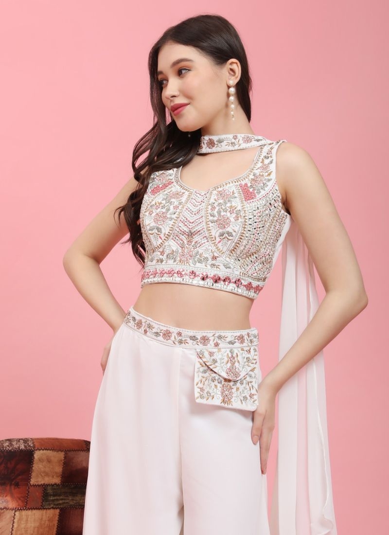 Premium georgette crop top palazzo set with heavy mirror embroidery in baby pink