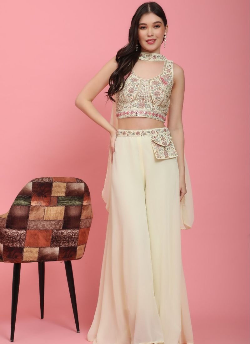 Premium georgette crop top palazzo set with heavy mirror embroidery in beige